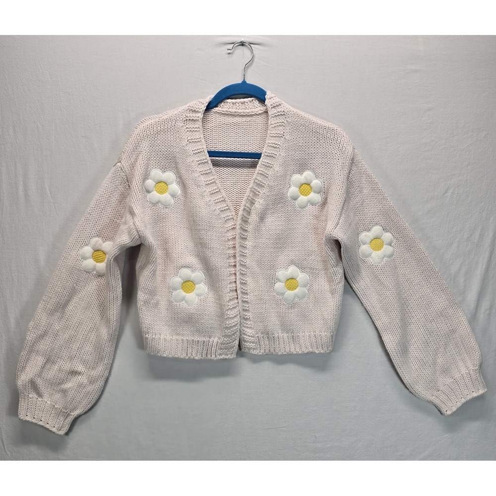 Womens Medium 3D Daisy Flower Cardigan Sweater Pink Chunky Knit Cottagecore Y2K